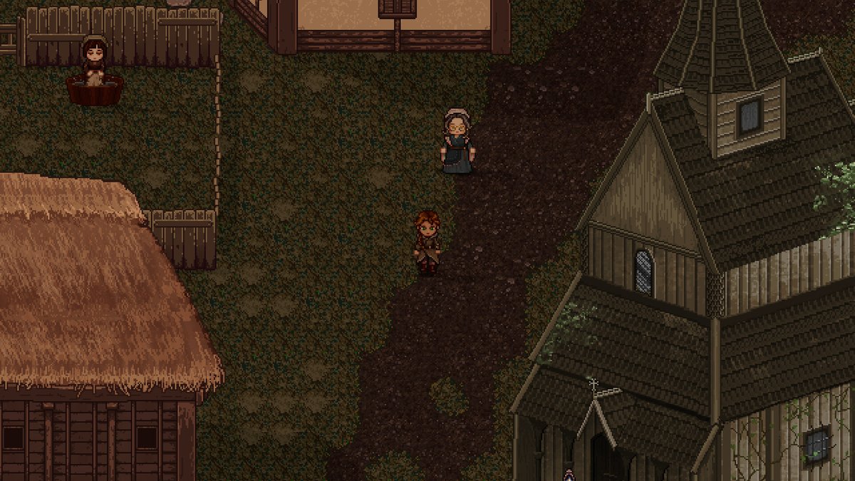 MaypoleGames's tweet photo. A good-hearted #witch with her apprentice, a woman doing laundry, and a church from the Dark Ages... Ah, the #medieval life!

#screenshotsaturday #indiegame #indiedev #gaming #pixelart #rpg https://t.co/OnPq50pvEu