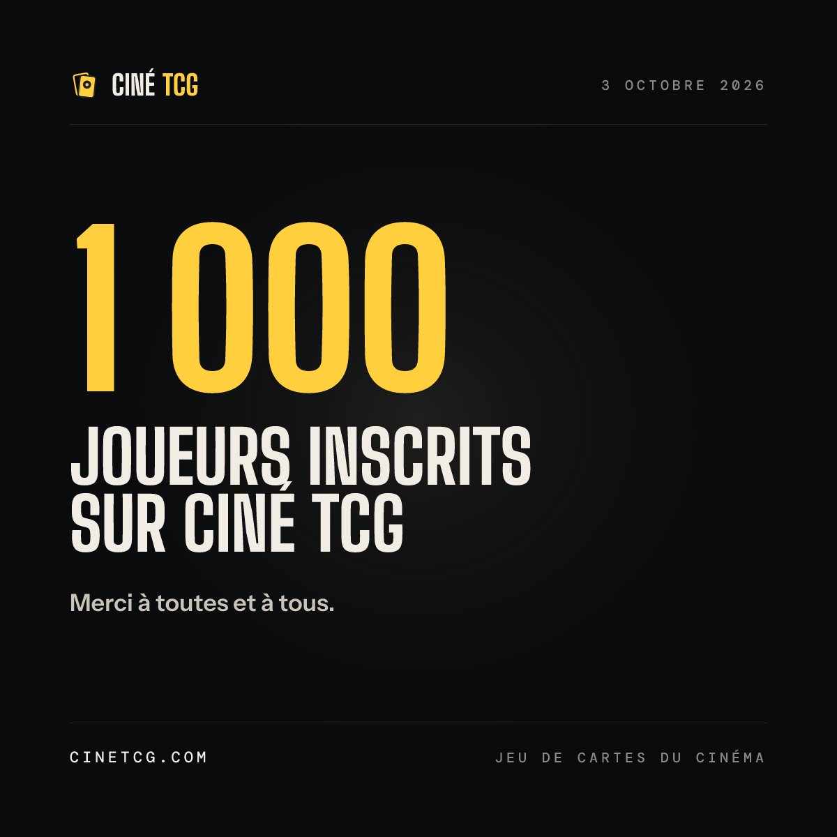 CineTCG's tweet photo. On a passé le cap des 1000 joueurs inscrits sur Ciné TCG, merci à tous ! https://t.co/ptnFPlQp70