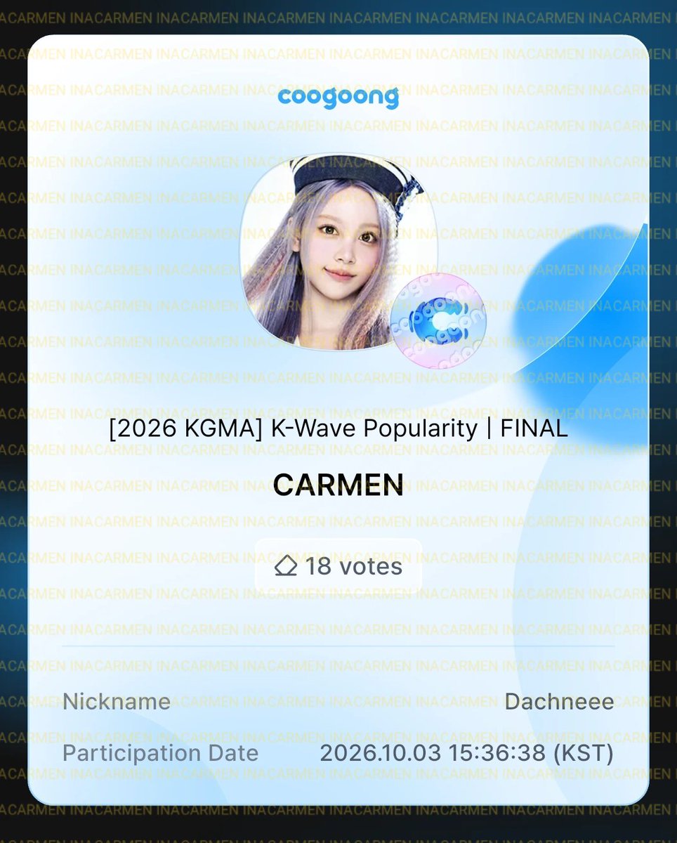 H2HCARMEN_INA's tweet photo. 📢 DAILY STAMP VOTING - 13 DAYS FOR #CARMEN

HARI KE-6 [2026 KGMA] K-Wave Popularity | FINAL ✅

Hachu, jangan lupa untuk mulung 💙 (Check-in, Free Roulette, Nonton Iklan) dan vote CARMEN tiap hari. Let's go sehari 3 votes!

#Hearts2Hearts #카르멘
@Hearts2Hearts https://t.co/0zun1IebEy