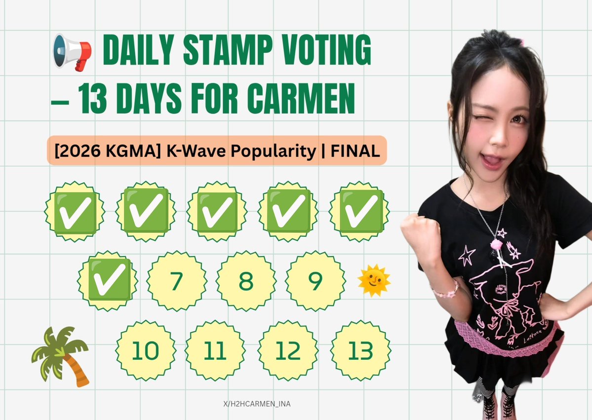 H2HCARMEN_INA's tweet photo. 📢 DAILY STAMP VOTING - 13 DAYS FOR #CARMEN

HARI KE-6 [2026 KGMA] K-Wave Popularity | FINAL ✅

Hachu, jangan lupa untuk mulung 💙 (Check-in, Free Roulette, Nonton Iklan) dan vote CARMEN tiap hari. Let's go sehari 3 votes!

#Hearts2Hearts #카르멘
@Hearts2Hearts https://t.co/0zun1IebEy