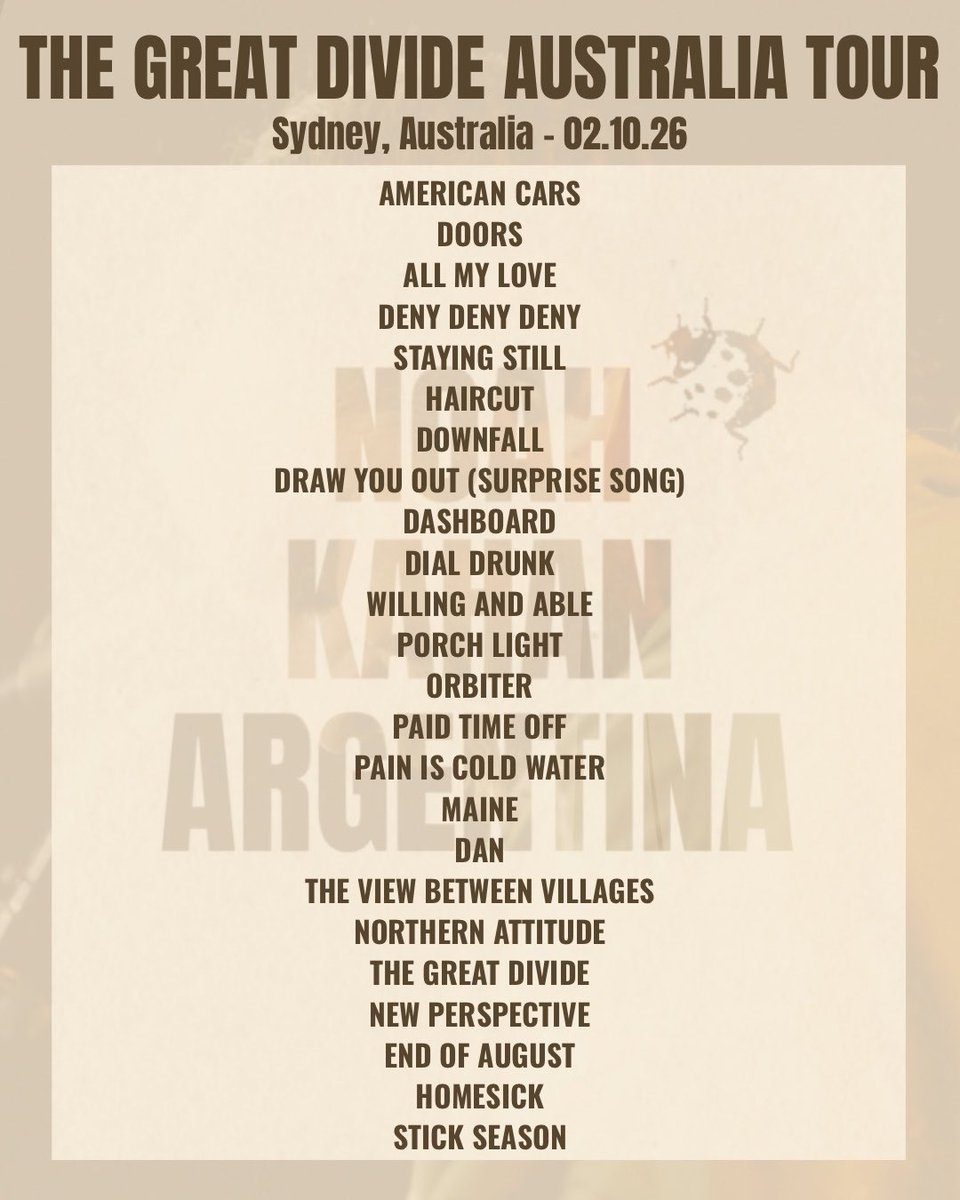 noahkahanarg's tweet photo. Setlist de THE GREAT DIVIDE AUS TOUR en Sydney, Australia. 02.10.26! 
La canción sorpresa fue Draw You Out, por primera vez en vivo 🥹
Ubicación: AfterPay Arena, capacidad de 21mil personas.

Próxima fecha: 3.10.26 también en Sydney, Australia! https://t.co/QXKBiwOKKX