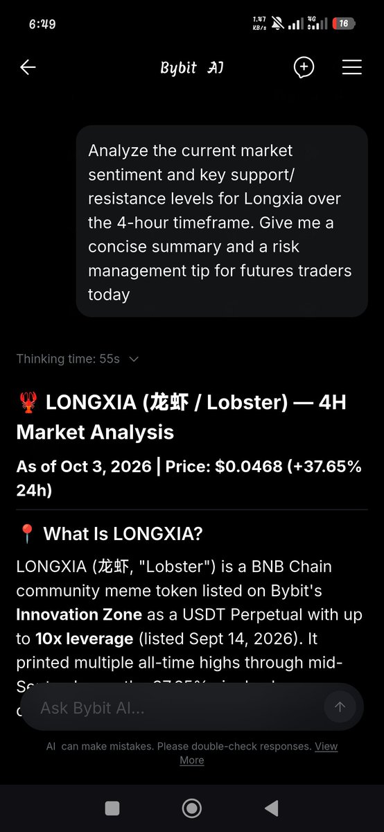 abdullaolo's tweet photo. Never trade meme tokens blind
Asking Bybit AI for market sentiment, key support/resistance zones, and risk setups for $LONGXIA.
Smart analysis in seconds.
#BybitAIPromptShowOff
@BybitAfrica https://t.co/MvBcDsKVT5