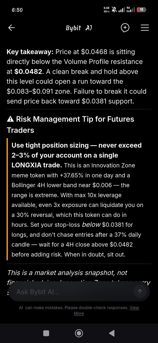 abdullaolo's tweet photo. Never trade meme tokens blind
Asking Bybit AI for market sentiment, key support/resistance zones, and risk setups for $LONGXIA.
Smart analysis in seconds.
#BybitAIPromptShowOff
@BybitAfrica https://t.co/MvBcDsKVT5