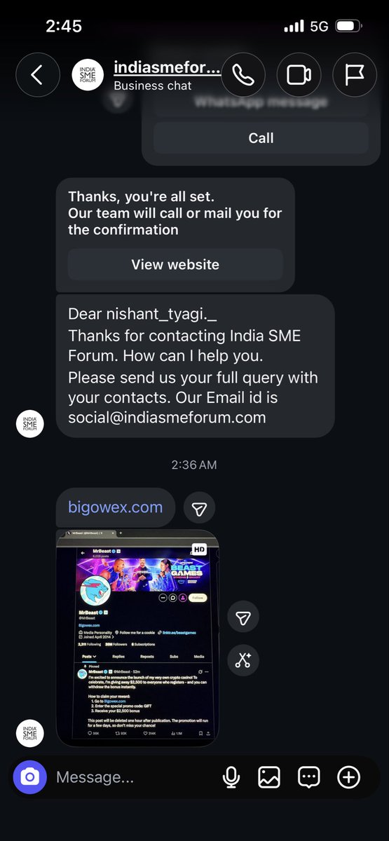 tnishanttyagi's tweet photo. @SMEForumIndia Are you scamming MSME’s ? @DelhiPolice @minmsme 
Crypto scam in name of NGO?, i got this message from their official Instagram page at 2:38 am.  #scam #cryptoscam https://t.co/KUkwkRLERL