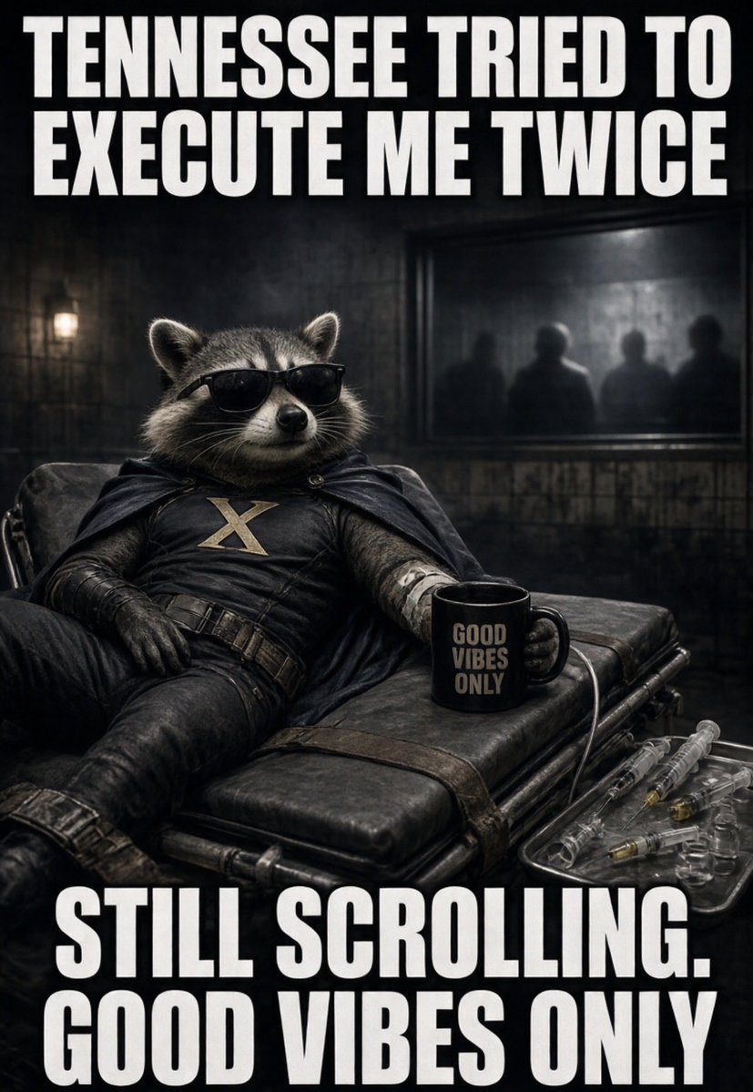 DegenWatchikpy's tweet photo. Tennessee tried to execute me twice…
I’m still scrolling and drinking coffee.
STILL SCROLLING. GOOD VIBES ONLY.
Chaos needs heroes too. Follow the raccoon 🦝☕

#ChristaPike #Memes #InternetHero https://t.co/P8ZT9YSfDR