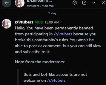 Lillie0n's tweet photo. Woke up to use the bathroom just to find out i was banned on r/vtubers for being a bot??? https://t.co/ZD47SlcKac