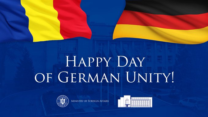 MAERomania's tweet photo. On German Unity Day, Romania celebrates the close friendship and partnership between our two countries. As EU member states, and NATO allies and countries closely bonded by people-to-people ties, Romania and Germany work together for a stronger, safer and more competitive Europe. 

A significant element of 🇷🇴-🇩🇪 relations is the importance Romania places on ensuring a favorable framework for preserving the identity of the German minority in Romania. @GermanyDiplo