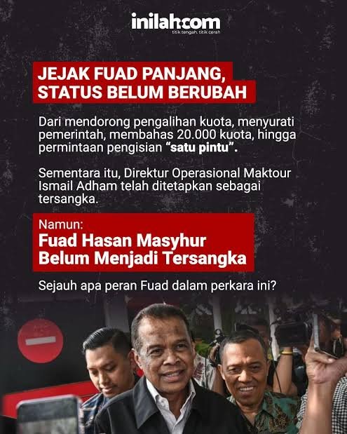 AhlulQohwah's tweet photo. SIDANG KE 15 KASUS KUOTA HAJI

NAMANYA DISEBUT BERULANGKALI, SEMPAT DICEKAL KE LUAR NEGERI, UANG 500.000 USD DISITA DARI KAMAR PRIBADINYA, TAPI TAK PERNAH DITAHAN KPK

Kamis, 1 Oktober 2026, JPU KPK menghadirkan Fuad Hasan Masyhur, Direktur Utama Maktour, bersama sejumlah saksi lain. Dalam pemeriksaan Fuad, jaksa menunjukkan barang bukti berupa USD 500.000 dalam pecahan USD 100 dan menanyakan dari mana uang tersebut disita.

Fuad menerangkan bahwa uang itu bukan disita langsung dari putrinya, Nina Kirana, melainkan berada di rumahnya, tepatnya di kamar pribadi. “Bukan disita dari Ibu Nina Kirana. Nina Kirana berada di rumah saya, karena mereka adalah putri saya. Itu di kamar saya.”

Ketika jaksa memastikan apakah uang tersebut ditemukan saat penyidik KPK melakukan penggeledahan di rumah Fuad, Fuad menjawab:
“Betul sekali.”

Salah satu fakta yang muncul dlm sidang ini  adalah barang bukti USD 500.000 yang menurut keterangan di persidangan ditemukan saat penggeledahan di rumah Fuad namun anehnya, dalam BAP statusnya milik Nina Kirana, anaknya (mantan istri Menpora Dito)
 
Dan kemudian yg menarik adalah, pertanyaan publik terkait status uang itu, berasal dari mana, untuk siapa, dan untuk keperluan apa, tetap tak terjawab. Bagaimana bisa seseorang yg asetnya disita, namun statusnya tetap saksi? Sementara dalam dakwaan, aksi pengaturan pengisian kuota haji tambahan tahun 2023-2024 diduga dilakukan "satu pintu" yaitu melalui Fuad Hasan.

https://t.co/DIJDMjvKyf