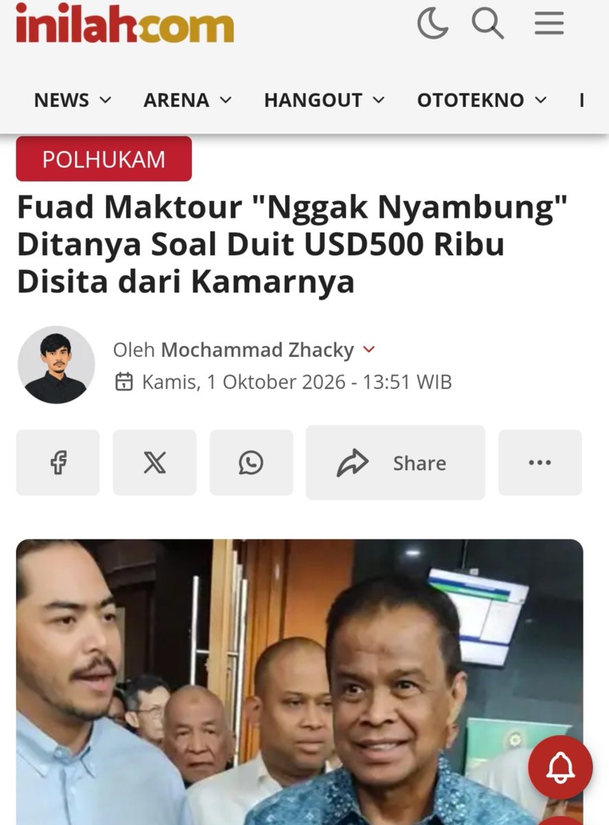 AhlulQohwah's tweet photo. SIDANG KE 15 KASUS KUOTA HAJI

NAMANYA DISEBUT BERULANGKALI, SEMPAT DICEKAL KE LUAR NEGERI, UANG 500.000 USD DISITA DARI KAMAR PRIBADINYA, TAPI TAK PERNAH DITAHAN KPK

Kamis, 1 Oktober 2026, JPU KPK menghadirkan Fuad Hasan Masyhur, Direktur Utama Maktour, bersama sejumlah saksi lain. Dalam pemeriksaan Fuad, jaksa menunjukkan barang bukti berupa USD 500.000 dalam pecahan USD 100 dan menanyakan dari mana uang tersebut disita.

Fuad menerangkan bahwa uang itu bukan disita langsung dari putrinya, Nina Kirana, melainkan berada di rumahnya, tepatnya di kamar pribadi. “Bukan disita dari Ibu Nina Kirana. Nina Kirana berada di rumah saya, karena mereka adalah putri saya. Itu di kamar saya.”

Ketika jaksa memastikan apakah uang tersebut ditemukan saat penyidik KPK melakukan penggeledahan di rumah Fuad, Fuad menjawab:
“Betul sekali.”

Salah satu fakta yang muncul dlm sidang ini  adalah barang bukti USD 500.000 yang menurut keterangan di persidangan ditemukan saat penggeledahan di rumah Fuad namun anehnya, dalam BAP statusnya milik Nina Kirana, anaknya (mantan istri Menpora Dito)
 
Dan kemudian yg menarik adalah, pertanyaan publik terkait status uang itu, berasal dari mana, untuk siapa, dan untuk keperluan apa, tetap tak terjawab. Bagaimana bisa seseorang yg asetnya disita, namun statusnya tetap saksi? Sementara dalam dakwaan, aksi pengaturan pengisian kuota haji tambahan tahun 2023-2024 diduga dilakukan "satu pintu" yaitu melalui Fuad Hasan.

https://t.co/DIJDMjvKyf