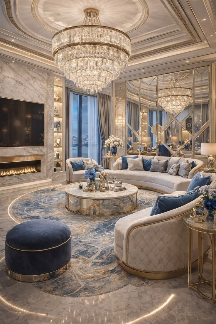 TheHomeHarmony's tweet photo. Royalty lives here 👑💙

Giant crystal chandelier,
Curved designer sofas with blue velvet,
Mirrored walls, marble fireplace, and a view that never sleeps.

This is what ULTRA LUXURY looks like.

Do you want this living room? Yes or YESSS? 👇 https://t.co/tUyKVeP0Vf