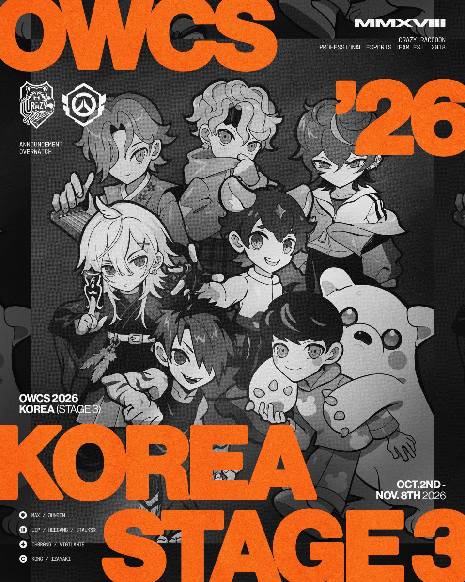 crazyraccoon406's tweet photo. 【2026 OWCS KOREA STAGE 3】

⚔️10/2(金) ~ 11/8(日)

- MAX (@OW_MAX1)
- JunBin (@Junbin_ow)
- LIP (@socutelip)
- HeeSang (@Ow_HeeSang)
- Stalk3r(@Stalk3r_OW)
- CH0R0NG (@CH0R0NG_OW)
- Vigilante (@vi9ilante71)

- Kong (@OW_Kong)
- IZaYaKI (@Izayaki_ow)

#CRWIN #Overwatch #OWCS https://t.co/hV4NTAV5OZ