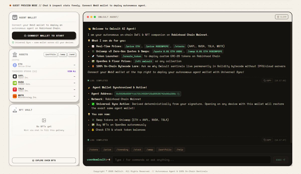 OwlCultNFT's tweet photo. Agent is live🦉🤖

The first version of OwlCult Agent is now live on Robinhood Chain.

https://t.co/InAwwb91cZ

Check prices, swap tokens, interact with NFTs, deploy tokens, and more, straight from the terminal.

We’ll keep building from here.

Autonomous AI Agents on Robinhood. 🦉