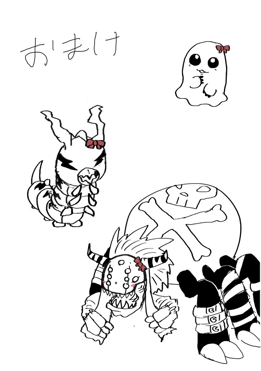 p4komon's tweet photo. 昔テイマーにもらったリボンを大事にしてる系のが描きたかっただけなんです！
可愛がられてるタイラントカブテリモンが描きたかったんです！
落書きクオリティで許してください https://t.co/xRXgv1MqFv