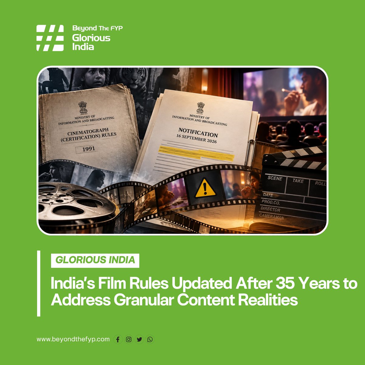 BeyondTheFyp's tweet photo. India’s Film Rules Updated After 35 Years to Address Granular Content Realities
Read More : https://t.co/T91GxUuP5d
#IndianCinema #CBFC #FilmCertification #CinemaRegulation #FilmRules #IndianFilms #CreativeExpression #ContentRegulation #Bollywood #BeyondTheFYP https://t.co/taeek6MciV