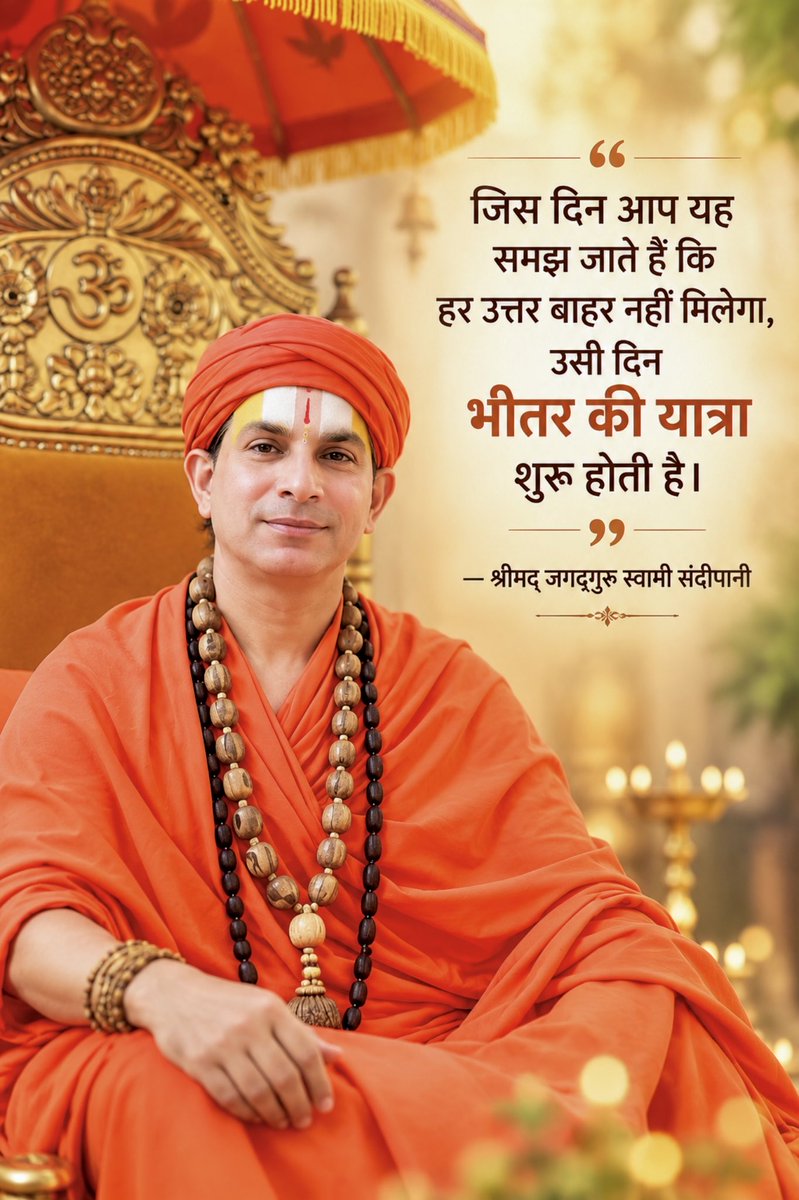 swamisandeepani's tweet photo. “जिस दिन आप यह समझ जाते हैं कि
हर उत्तर बाहर नहीं मिलेगा,
उसी दिन भीतर की यात्रा शुरू होती है।”

— श्रीमद् जगदगुरु: स्वामी संदीपानी।

कभी-कभी जीवन बदलने के लिए नई दिशा नहीं,
भीतर लौटने का साहस चाहिए। 🙏 https://t.co/bQpKtbdPvE