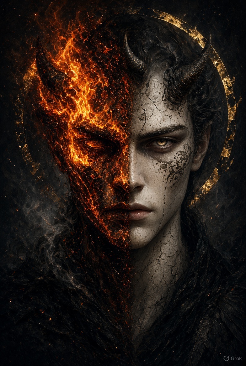 sbk96's tweet photo. Sab mazhabon ki baat milakar ek hi chehra banaya hai: aag se bana jinn (Iblis), gira hua farishta (Satan/Lucifer), andhere ka vinashak roop https://t.co/cyYcJedLfD