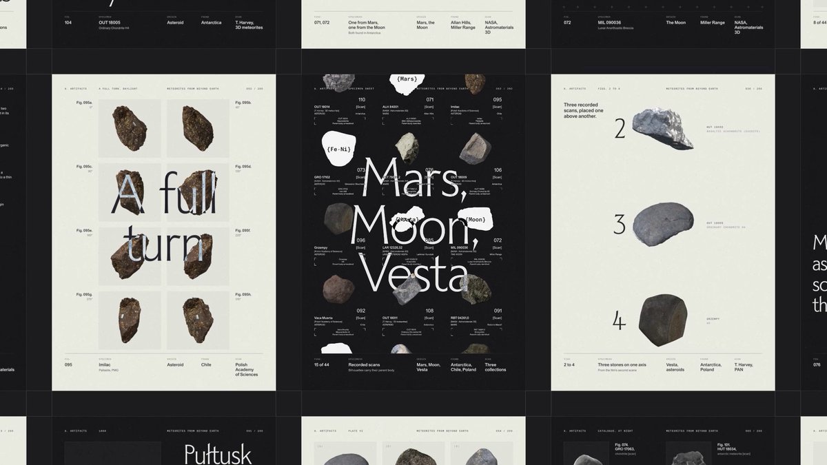 A multi-panel web design mockup showcasing a grid of celestial specimens including meteorites from Mars, Moon, and Vesta, with catalog numbers, specimen images, and headings like "A full turn" and "Mars, Moon, Vesta."