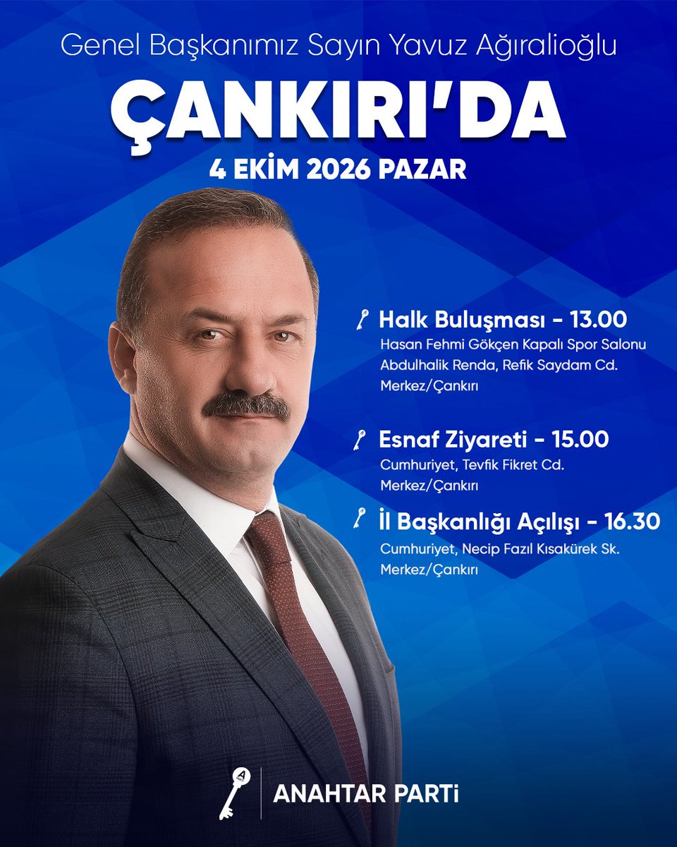 anahtarparti's tweet photo. Çankırı’da buluşuyoruz…

Genel Başkanımız Sayın Yavuz Ağıralioğlu, 4 Ekim 2026 Pazar günü Çankırı’da hemşehrilerimizle bir araya geliyor.

Çarşı, pazarda esnafımızın kapısını çalacak; hemşehrilerimizin sesini, şehrimizin beklentilerini dinleyecek ve Türkiye’nin yarınlarını konuşacağız.

Ilgaz Dağı’nın eteklerinde, sonbaharın ayazına “Daha iyisi mümkün” diyen bir inanç ve umut sıcaklığı katacağız.

İl Başkanlığımızın açılışını da gerçekleştireceğimiz programımıza tüm hemşehrilerimizi davet ediyoruz.
