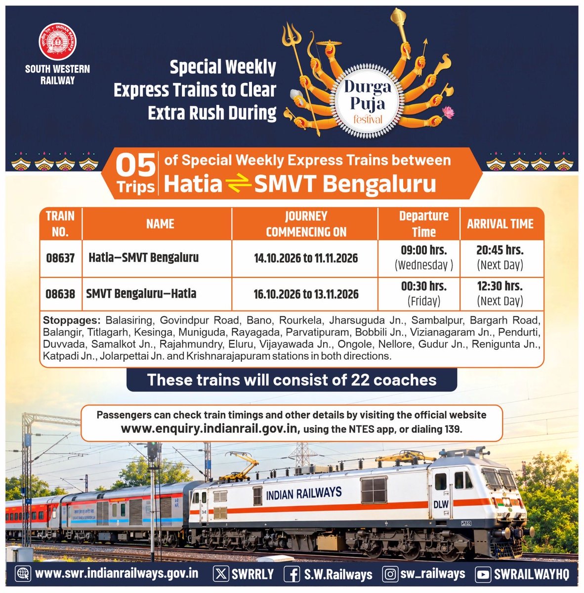 drmsbc's tweet photo. Kindly note:  Special weekly express trains between Hatia - SMVT Bengaluru to clear extra rush of passengers during festival season. #SWRupdates
@serailwaykol 
@RailMinIndia @SWRRLY https://t.co/aBdafMZCDQ
