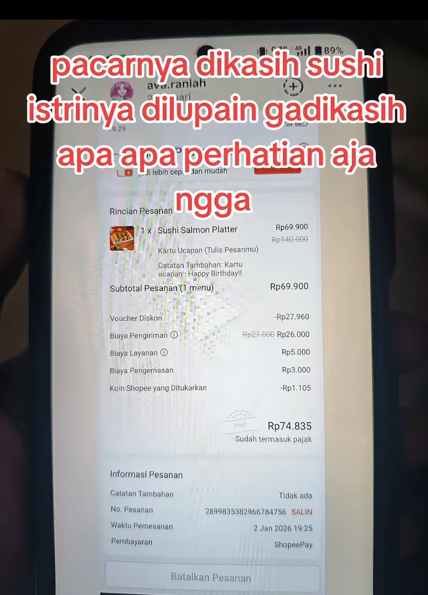 bebekhermes's tweet photo. Jadi ada di tiktok, istrinya ngegap suaminya selingkuh terus beliin sushi buat selingkuhannya, selingkuhan becanda minta tf 2 juta tapi cuman di tf 10k 😭😭😭 kaya ngasih jajan anak tk njir https://t.co/MYO2xJNtV2