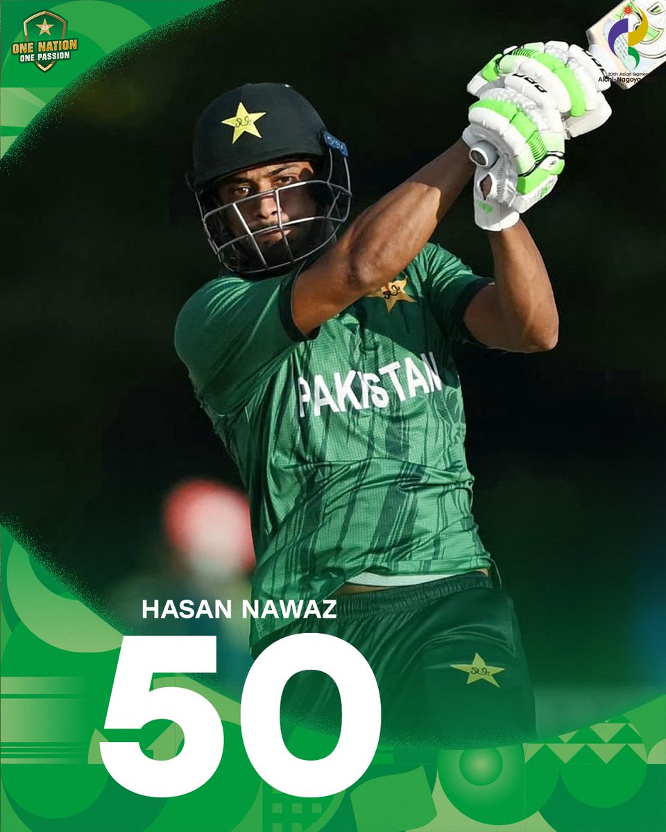 TheRealPCB's tweet photo. Hasan Nawaz smashes his third T20I half-century 🔥

5️⃣ sixes in his innings so far 💪

#PAKvIND | #BackTheBoysInGreen | #AsianGames https://t.co/Y8BfBSyP5z