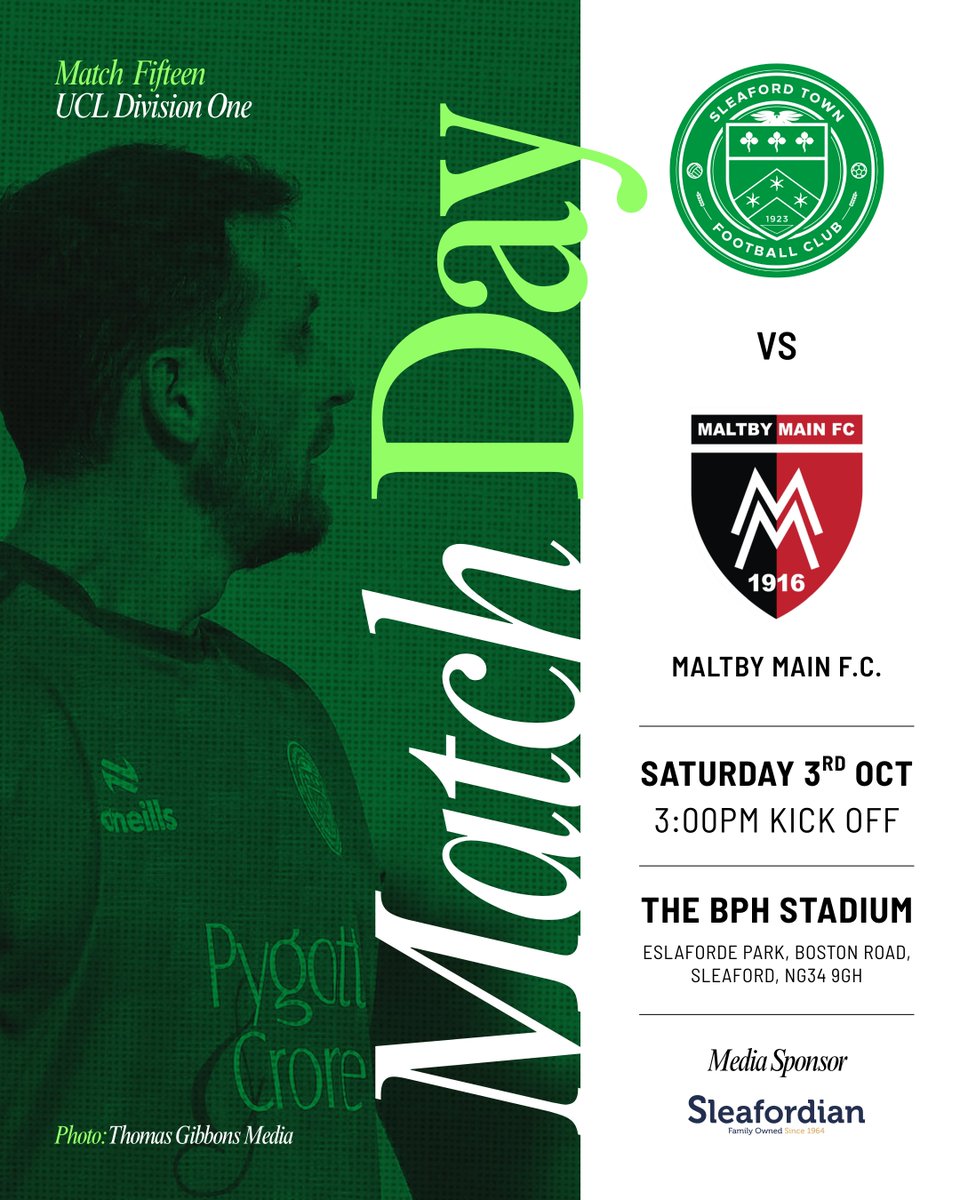 SleafordTownFC's tweet photo. 🟢 MATCHDAY 🟢

We’re back at The BPH Stadium this afternoon as The Greens welcome Maltby Main in UCL Division One action ⚽

📆 Saturday 3rd October
⏱ 3:00pm kick-off
🏟 The BPH Stadium

Get yourself down to the ground &amp; get behind the lads 🙌💚

#GreenArmy https://t.co/n574oaeydi