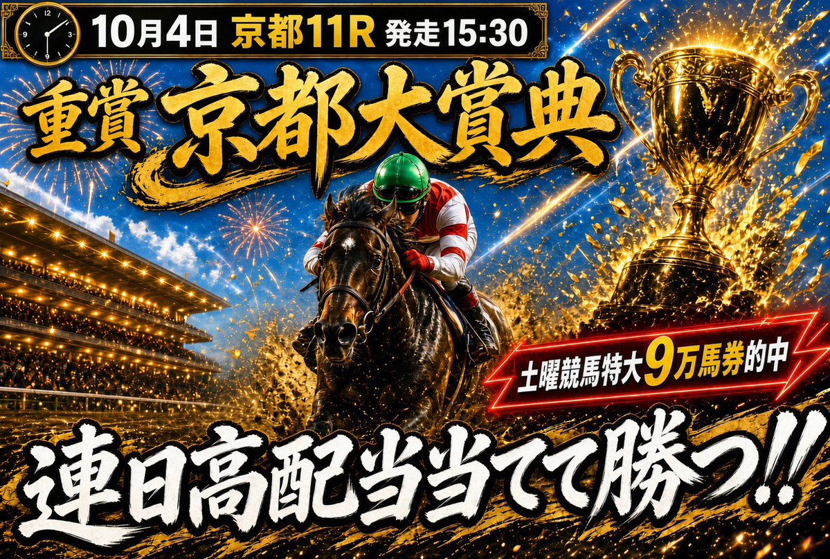 y3NldpZ2T26C39j's tweet photo. 土曜特大9万馬券的中🎯日曜も勝つ‼️
10.4（日）京都11R重賞京都大賞典🏆
①まりこをフォローしている事

②⚠️"引用"リポスト♻️ で⚠️京都大賞典
と記載してください　達成条件200件✅
10.3☠️20:00⏰まで締め切り☠️

①②達成🏆で見解付き重賞無料予想㊗️
未達成有料配信....是非とも無料で😂‼️‼️ https://t.co/w4N4uLY5aT