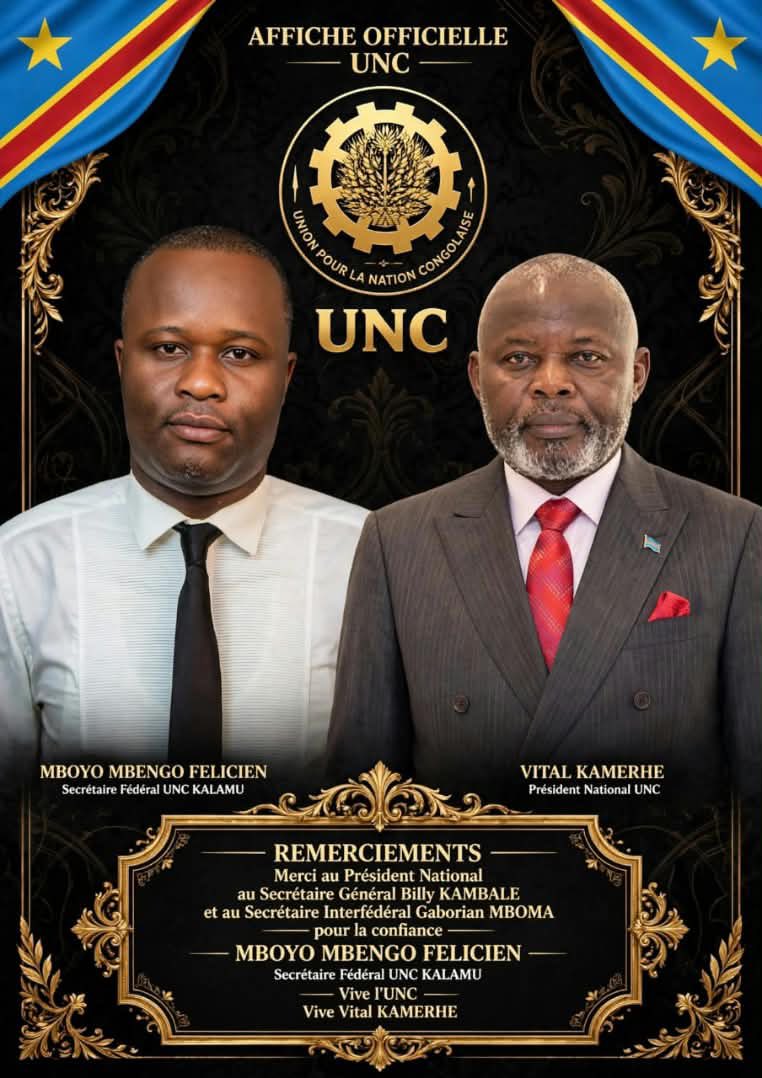 namegabelucky3's tweet photo. J'adresse mes félicitations les plus distinguées au Camarade MBOYO MBENGO FELICIEN @mboyo1_mboyo à la suite de sa nomination en qualité de Secrétaire Fédéral UNC KALAMU.

Cette nomination, portée par la haute confiance du Président National, l'Honorable @VitalKamerhe1 du Secrétaire Général @BillyKambale1 et du Secrétaire Interfédéral @GaborienM honore un militant loyal, discipliné et constamment dévoué à la vision de notre Parti.

KALAMU, fédération stratégique , a besoin d'un rassembleur, d'un bâtisseur et d'un homme d'écoute. Je ne doute point que l’Honorable  MBOYO saura incarner ces vertus pour consolider l'implantation de l'UNC et porter haut l'idéal de notre lutte.

Je lui souhaite plein succès dans l'accomplissement de cette noble et exaltante mission au service du Parti.

Vive l'UNC !
Vive le Président National Vital KAMERHE !

NAMEGABE NTAMBAKA Lucky @namegabelucky3