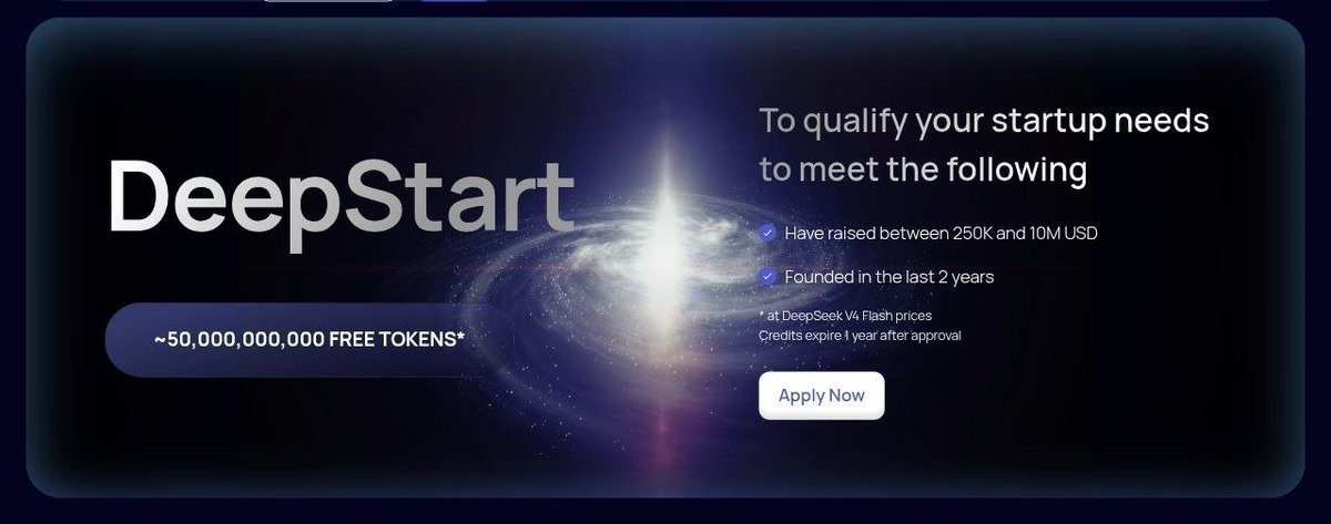 Al_e_xxxx's tweet photo. The "1B free tokens" number going around? DeepInfra says ~50,000,000,000

50x higher, at DeepSeek V4 Flash prices.

The asterisk:
* raised $250K-$10M
* founded in the last 2 years
* credits expire 1yr after approval

50x bigger than advertised Application-only

https://t.co/kwPNeAj1QF