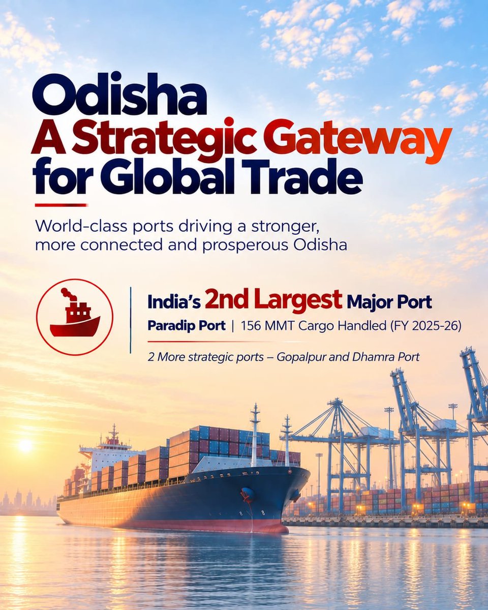 EIT_Odisha's tweet photo. Paradip has now been designated as a Mega Port.

Advantage for Odisha. Opportunity for tech investors.

Connect with Odisha and explore the state's tech ecosystem on 7th &amp; 9th October.

📍Odisha Connect 2026 Roadshow, Hyderabad &amp; Bengaluru https://t.co/MjuXKQrPHN