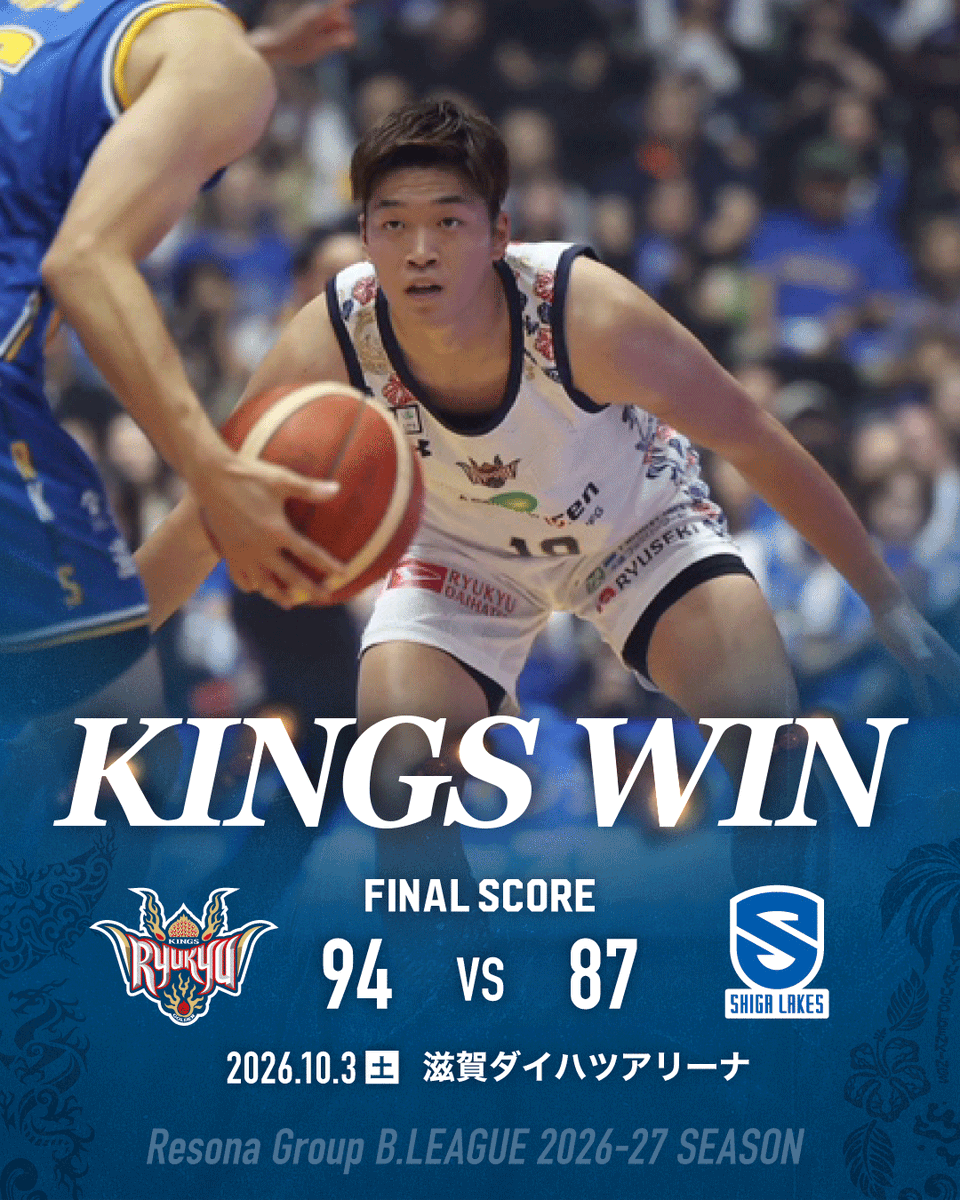 RyukyuKings's tweet photo. 【試合終了】 
■AWAY 10/3(土)vs滋賀レイクス
琉球 94-87 滋賀

▽バスケットLIVE
https://t.co/Dy5qHM3r94

#琉球ゴールデンキングス 
#滋賀レイクス https://t.co/LegGyO5v5z