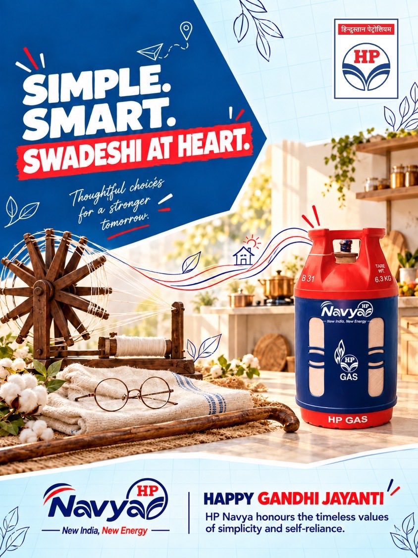 hpcllro's tweet photo. From the charkha that symbolised self-reliance to New Energy shaping modern India, the spirit of Swadeshi continues to inspire stronger tomorrows. 🇮🇳

This Gandhi Jayanti, HP Navya salutes simplicity, innovation and self-reliance.

#GandhiJayanti #HPNavya #NewIndiaNewEnergy @HPCL @HPGAS_HQO @LPGNCZLUCKNOW @ashish2311