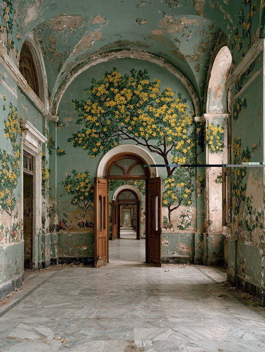 franch_laura's tweet photo. Rincón del Grand Hotel Campo dei Fiori, joya del Art Nouveau italiano construida en 1912 en Varese. El hotel cerró sus puertas en los años 60, pero  conserva estos frescos botánicos dibujados sobre el verde de los muros descascarillados. Espectacular. 

¡Buenos días!
Bon dia! https://t.co/8pefbtp4Up