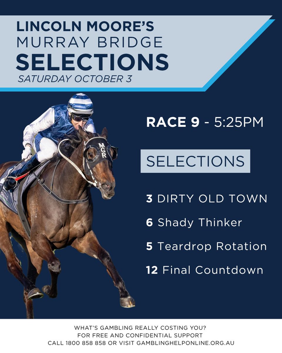 RacingSA's tweet photo. We're approaching the last here on Murray Bridge Gold Cup Day! 🏇

Check out Linc’s selections for the Gifford Hill Estate Handicap!

Take a look at Linc's picks below 👇 https://t.co/ZiTRCJ4gee