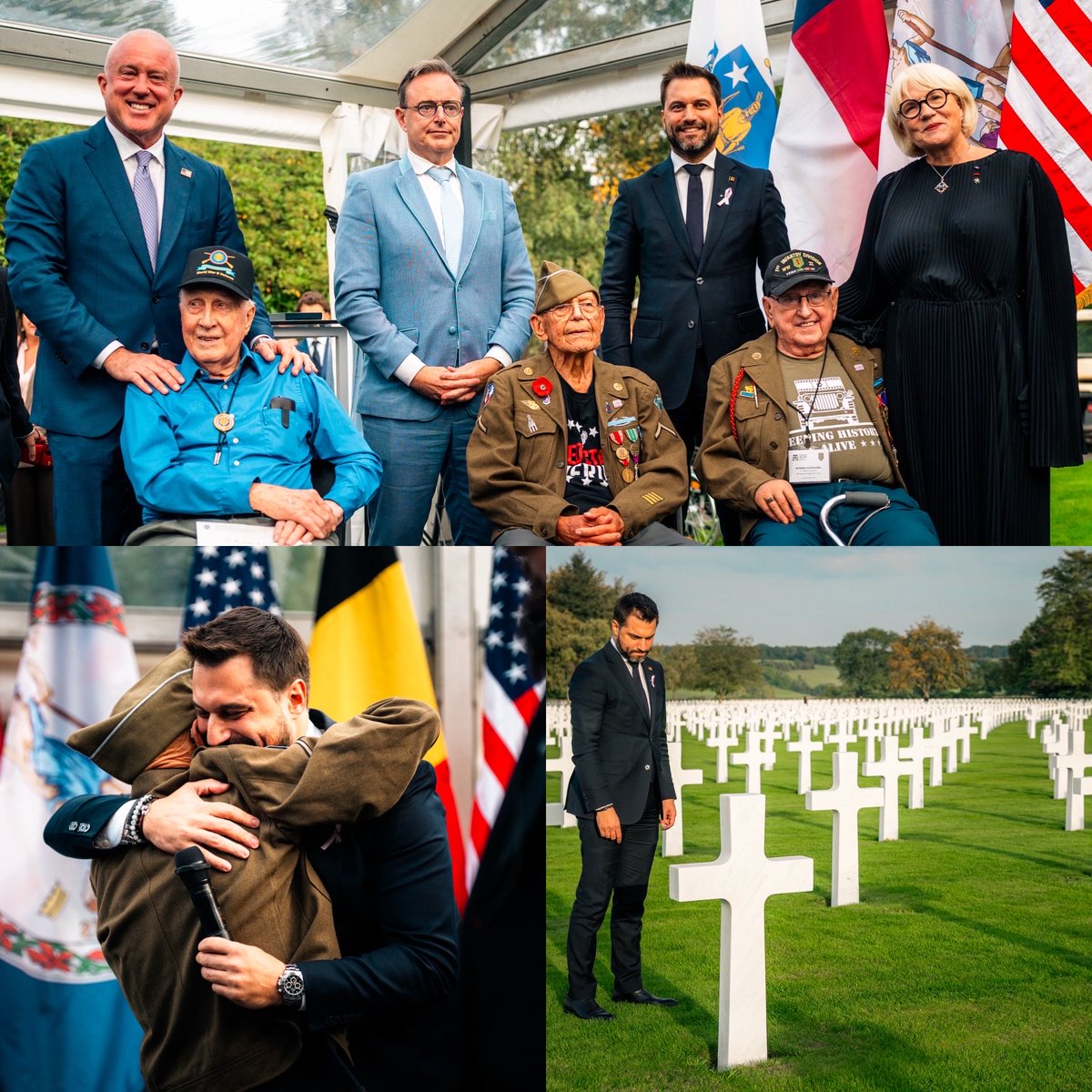 GLBouchez's tweet photo. 🇺🇸 Frank Stellar, Truman Christian et Russell Sattazahn étaient de jeunes hommes lorsqu’ils ont traversé l’Atlantique pour se battre afin de libérer une Europe qu’ils n’avaient jamais vue. 
🇧🇪 Aujourd’hui, ils ont 100, 101 et 102 ans et sont revenus en Belgique pour une cérémonie d’une grande dignité et émotion, en présence de notre souverain et de Helen Patton-Plusczyk, petite fille du Général George Patton.
🤝 L’occasion aussi de célébrer l’amitié profonde entre notre Pays et les États-Unis d’Amérique. Notre alliance au sein de l’OTAN est une garantie essentielle de notre sécurité.
🙏 Ces hommes ne sont pas des témoins mais des morceaux vivants d’Histoire. Nous sommes dans la société qui a le plus haut niveau de confort, de liberté et de bien être de l’Histoire de l’Humanité et c’est le fruit du sacrifice de ces hommes et de leurs frères d’arme.
👊 Dans une société où chaque défi est vu comme un drame, où chaque effort est vu comme insurmontable, où une partie des étudiants osent brûler des biens publics et bloquer des écoles sans revendication, ces hommes devraient plus que jamais être des exemples.  
👏 Merci aux écoles présentes. C’est sans aucun doute un moment bâtisseur pour ces enfants qui sont l’avenir de notre pays. #PresidenceMR #fierdetreliberal #LAvenirSEclaire