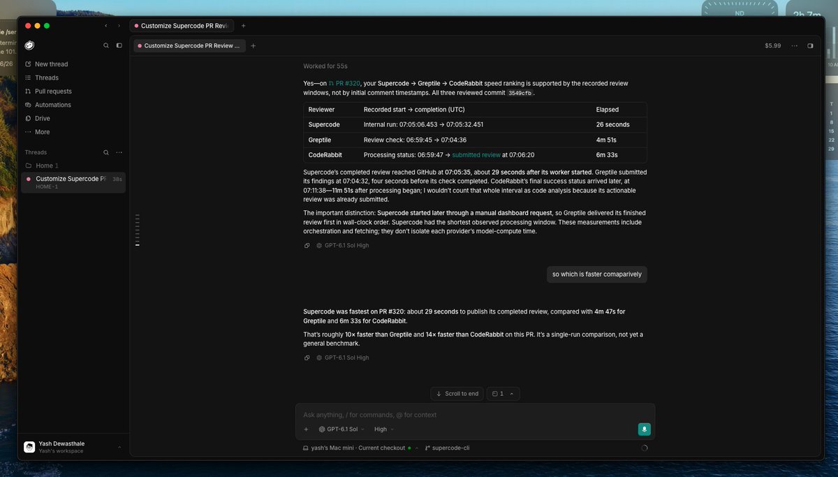 dewyashtwts's tweet photo. @supercodeai review is now 10x faster and more precised than Coderabbit and Greptile in reviewing PRs

even @capydotai verified it

for context - time takes by resp. to review PR with - 27 file and 3053 changes :

supercodeAI - 29 second(yes thats right <1min)
greptile - 4m 51s
coderabbit - 6m 33s

note: coderabbit/greptile bots comments on the pr first, so that's not considered. it works irrespective of reviews.