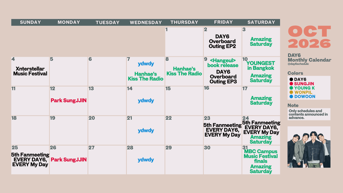 day6schedule's tweet photo. DAY6 Monthly Calendar: October 2026
[updated 10/03]

#sungjin #youngk #wonpil #dowoon
#데이식스 #day6 @day6official https://t.co/LrOkCEbK7m