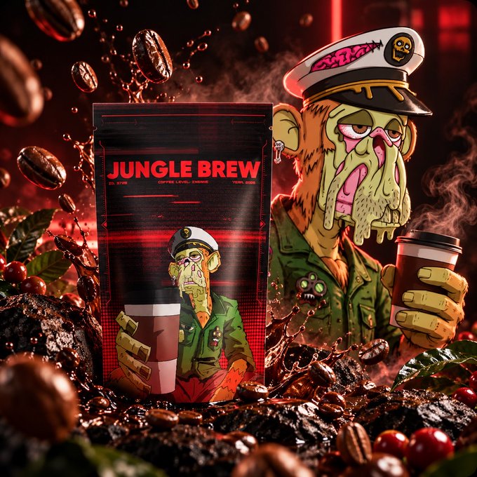 A product advertisement showing a packet and box of 'JUNGLE BREW' coffee with graphics of a green-skinned naval captain character, surrounded by coffee beans and cherry splashes.