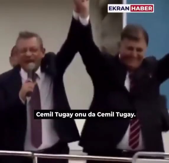 A news clip from 'EKRAN HABER' shows two men in suits celebrating with raised arms, with the man on the right being identified by the Turkish subtitle 'Cemil Tugay onu da Cemil Tugay.'