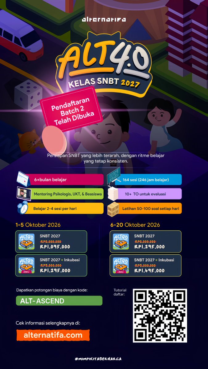 Studywithviiii's tweet photo. Buat yang lagi nyiapin SNBT 2027, mungkin Alternatifa bisa jadi salah satu pilihan buat nemenin proses belajar kalian 📚

More info:
https://t.co/UtpiIEAddN

🎟️ Kode diskon: ALT-ASCEND
#alternatifa #studytwt #mimpikitaberharga #bimbleonline https://t.co/7EuY6h1xjX