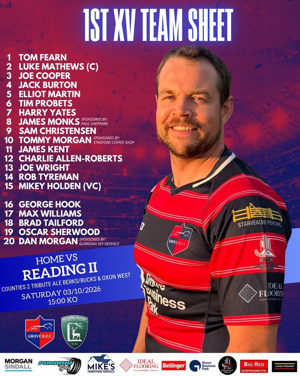 GroveRFC's tweet photo. A huge double header at home for Grove RFC today!
The 2nd XV kick things off against Faringdon 1st XV at 14:00, before the 1st XV take on Reading II at 15:00 in their first league game of the season. Get down to Cane Lane and support the boys
🔴🔵 #GroveRFC #MatchDay #UpTheGrove https://t.co/iK1E1qczJA