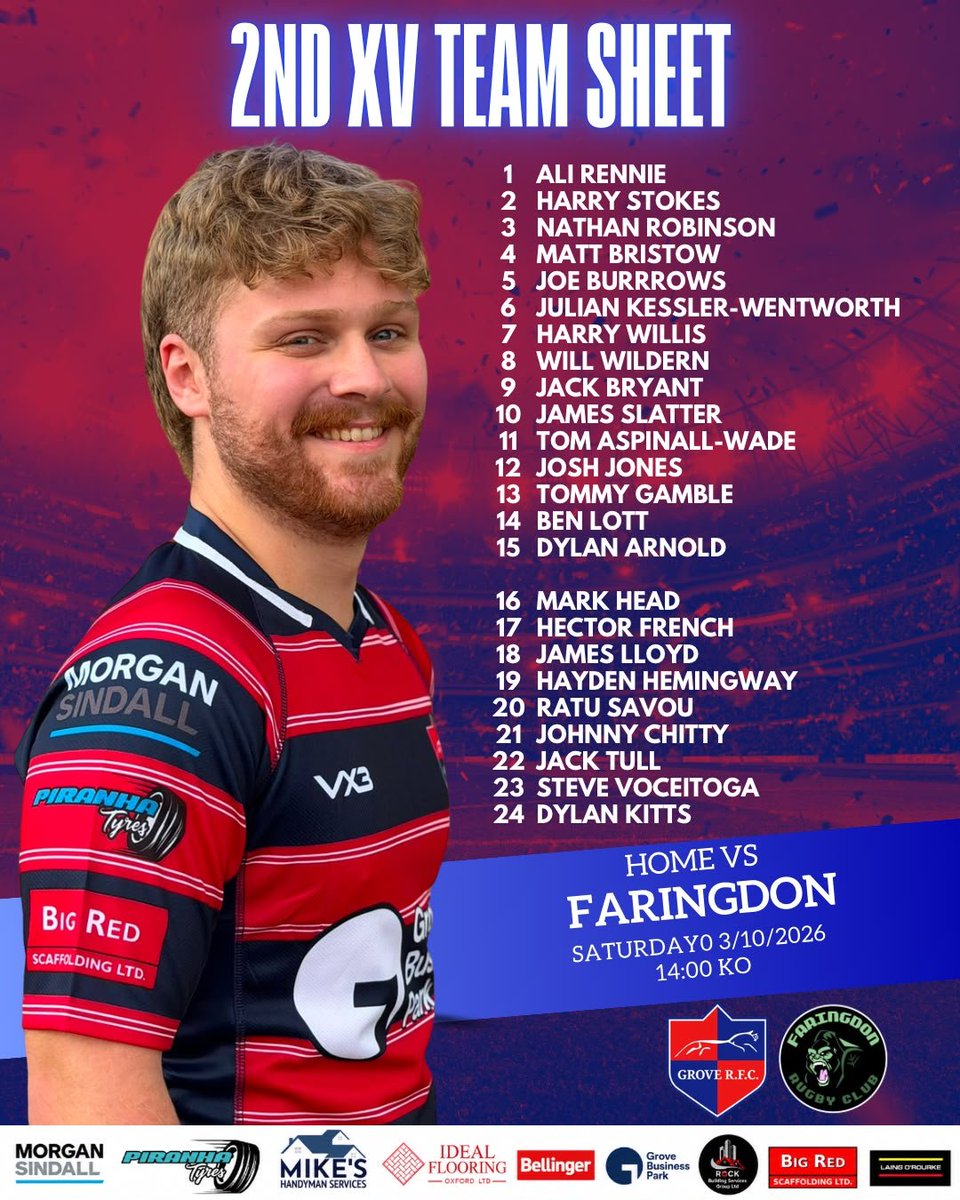GroveRFC's tweet photo. A huge double header at home for Grove RFC today!
The 2nd XV kick things off against Faringdon 1st XV at 14:00, before the 1st XV take on Reading II at 15:00 in their first league game of the season. Get down to Cane Lane and support the boys
🔴🔵 #GroveRFC #MatchDay #UpTheGrove https://t.co/iK1E1qczJA