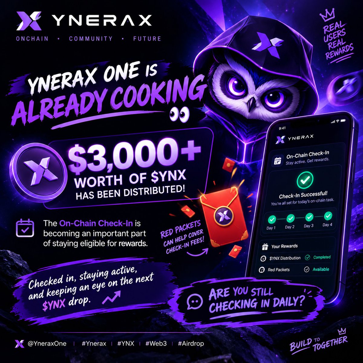 SamySavage01's tweet photo. YneraX One is already cooking 👀🦉

$3,000+ worth of $YNX has been distributed, and the On-Chain Check-In is becoming an important part of staying eligible for rewards.

Checked in, staying active, and keeping an eye on the next $YNX drop. 
Are you still checking in?
@yneraxone https://t.co/kePfmlgBGo