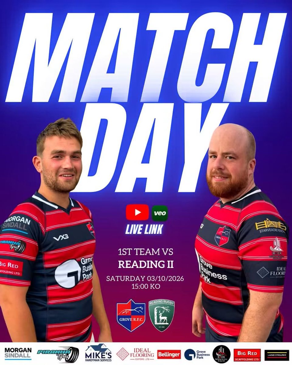 GroveRFC's tweet photo. A huge double header at home for Grove RFC today!
The 2nd XV kick things off against Faringdon 1st XV at 14:00, before the 1st XV take on Reading II at 15:00 in their first league game of the season. Get down to Cane Lane and support the boys
🔴🔵 #GroveRFC #MatchDay #UpTheGrove https://t.co/iK1E1qczJA
