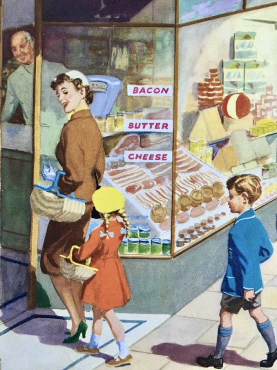 LBFlyawayhome's tweet photo. On this day 3rd Oct 1952 the Government announced that tea rationing was soon to end

Artist: Harry Wingfield
(Shopping with Mother) https://t.co/WSfZRNxKkM