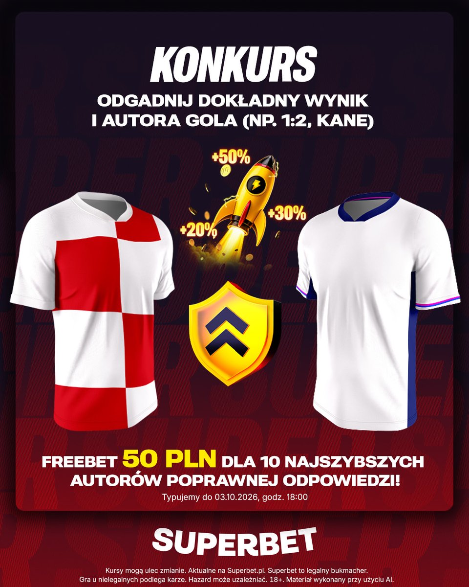 SuperbetPL's tweet photo. #KONKURS! Wytypuj w odpowiedziach dokładny wynik oraz autora gola ⚽️ w meczu Chorwacja - Anglia i zgarnij freebet! #CROENG

-- 
✅ Zaobserwuj @SuperbetPL
❤️ Polub wpis i 🔄 podaj go dalej 
👤 Dodaj nick z Superbet 
🎁 Nagroda = FREEBET 50 PLN
Regulamin: https://t.co/quNbhzbxNj https://t.co/G7VdJqa6iO