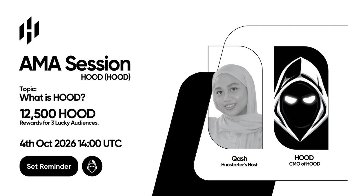 Huostarter's tweet photo. 🎙️Tune in for our upcoming #AMA with @Hood_officialX on X Space.

Learn everything about the IDO of $HOOD on #Huostarter and discover the ecosystem brought by HOOD on #TON #GRAM Blockchain.

🗓️Time: 04th Oct, 2026 (14:00 UTC)

🕙Set reminders:

Drop your question, retweet, and tag your friends to stand a chance to win 12,500 $HOOD   

https://t.co/g1ZJEsFJCO