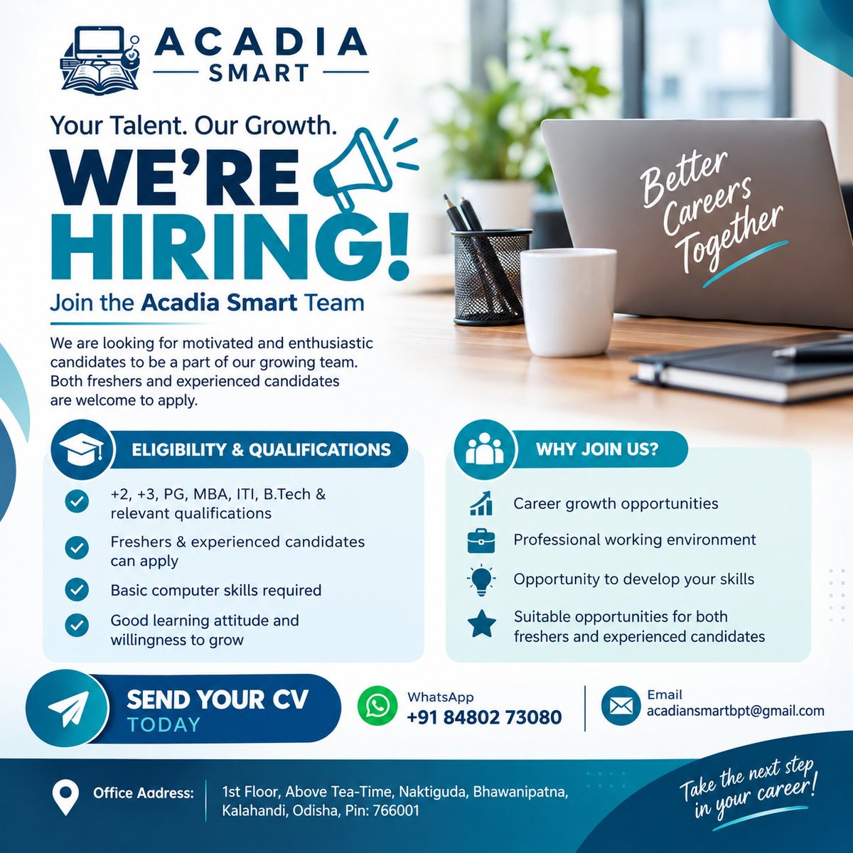 AcadiaSmar71098's tweet photo. WE’RE HIRING | ACADIA SMART

🎓 +2, +3, PG, MBA, ITI, https://t.co/SLw7j6xSv2
💻 Basic computer skills required
🌱 Learn • Grow • Succeed

📩 Send Your CV:
📱 +91 84802 73080
📧 acadiansmartbpt@gmail.com

📍 1st Floor, Above Tea-Time, Naktiguda, Bhawanipatna, https://t.co/AjSpOHcsTc