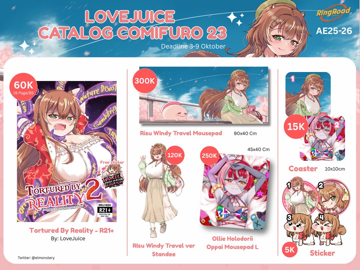elmonstery's tweet photo. Like &amp; share appreciated!
LoveJuice #CF23 Preorder is Open!
See the full catalog in pics 🩷 

- Fandom : Ayunda Risu, Kureji Ollie
- Circle : @ringroadygy 
PO deadline 3-10 Okt 2026

Overseas Shipping is ready (please check link)
Link Preorder on reply 
#comifuro23 #cf23catalogue https://t.co/TDH9Aj3LUA