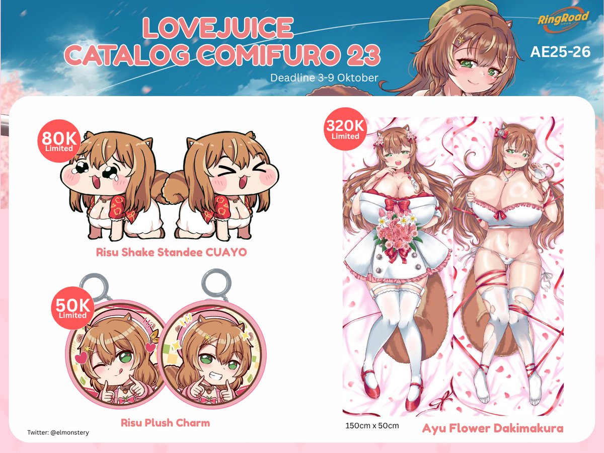 elmonstery's tweet photo. Like &amp; share appreciated!
LoveJuice #CF23 Preorder is Open!
See the full catalog in pics 🩷 

- Fandom : Ayunda Risu, Kureji Ollie
- Circle : @ringroadygy 
PO deadline 3-10 Okt 2026

Overseas Shipping is ready (please check link)
Link Preorder on reply 
#comifuro23 #cf23catalogue https://t.co/TDH9Aj3LUA